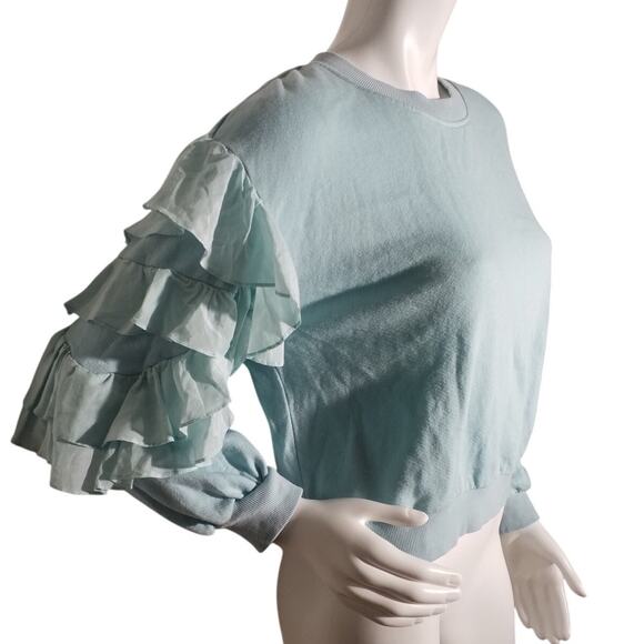 Alice + Olivia Womens Size Medium Sweater Crew Neck Blue Ruffle Pullover - Picture 2 of 7